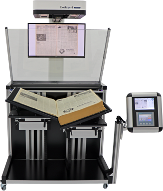 Book scanner for V-mode scans at 140° or 180°. Glass plate & motorized cradle for books up to 50 cm thick. Flexible book cradle enables V and flat mode scan position.